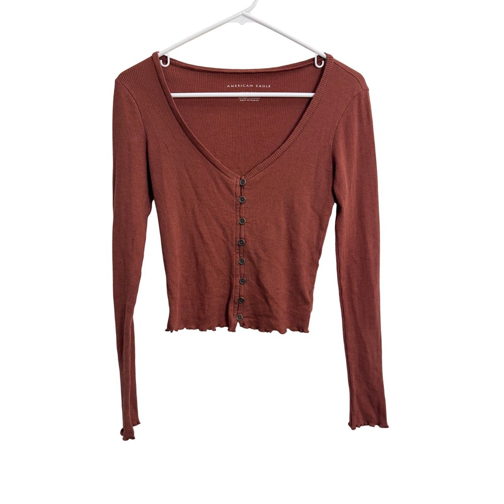 American Eagle Womens XS Rust Ribbed Button Front V-Neck Lettuce Edge Top